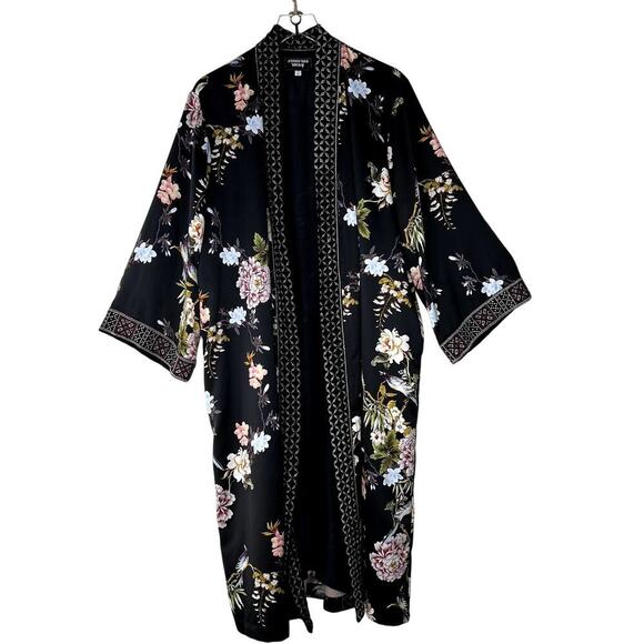 Johnny Was Jackets & Blazers - Johnny Was Floral Satin Duster Kimono Cardigan Jacket Velvet Trim XL Black